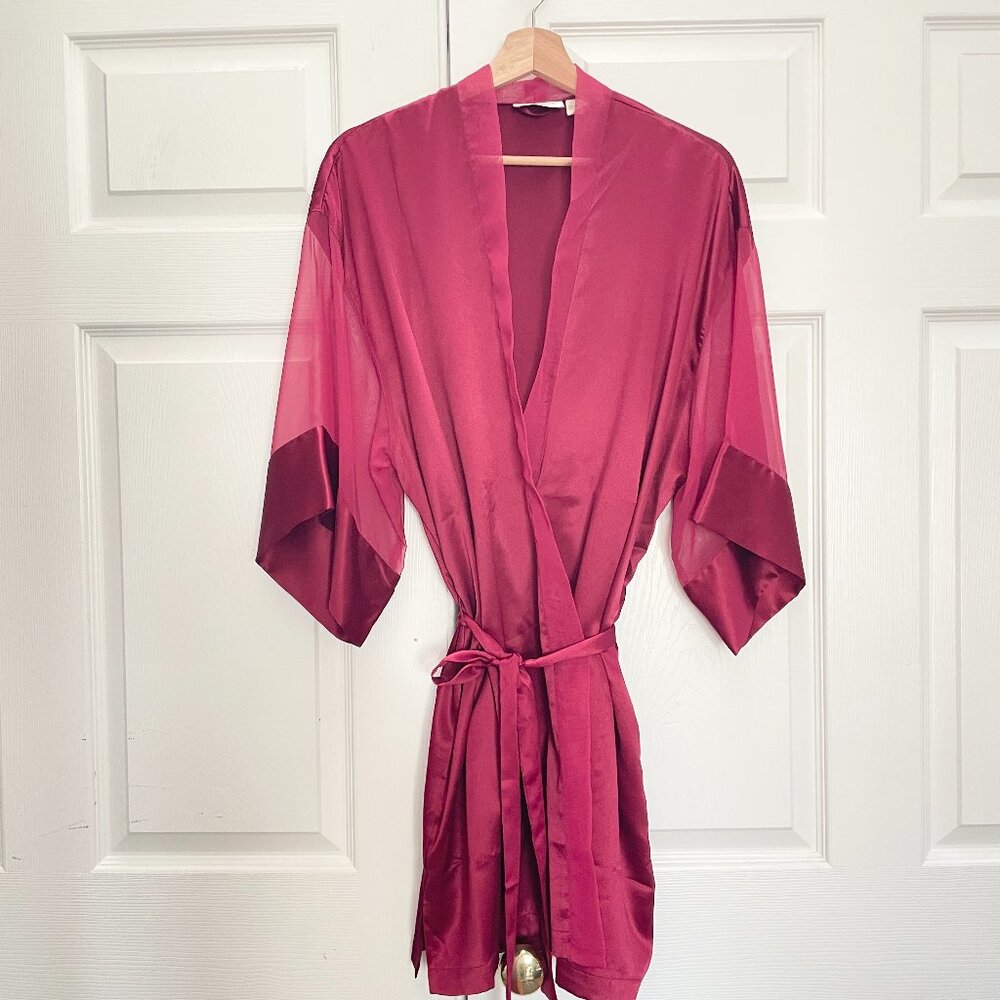 Victorias Secret Vintage Gold Label Maroon Satin Chiffon Kimono Robe OS Romantic